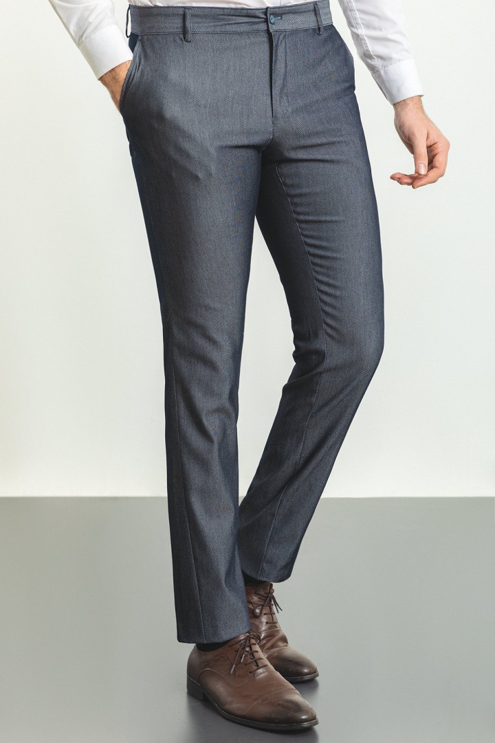 Dark Blue And Ecru Color Classic Cotton Men's Trousers