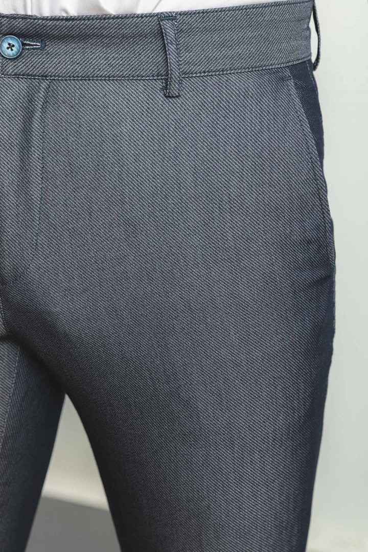 Dark Blue And Ecru Color Classic Cotton Men's Trousers