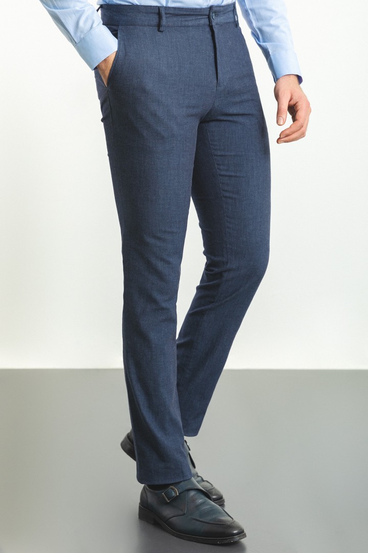 Dark Blue Color Classic Slim Fit Linen Fabric Men's Trousers
