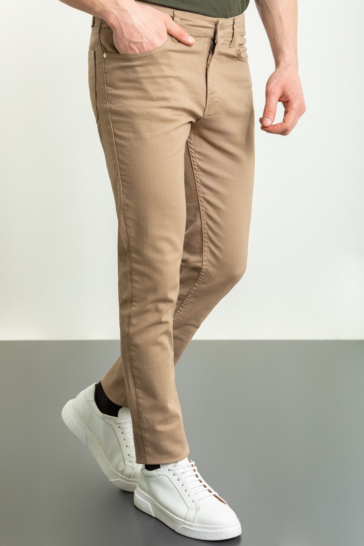Beige Color Casual Canvas Five Pocket Cotton Men's Pants