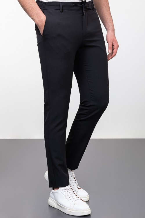 Black Color Drawstring Design Casual Wool Men's Trousers