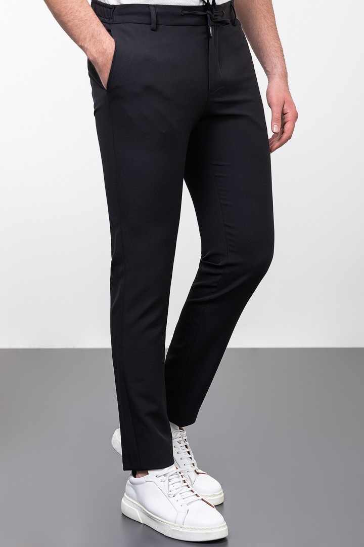 Black Color Drawstring Design Casual Wool Men's Trousers