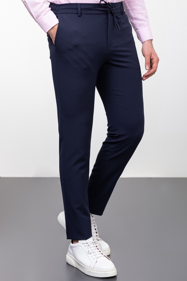 Dark Blue Color Drawstring Design Casual Wool Men's Trousers