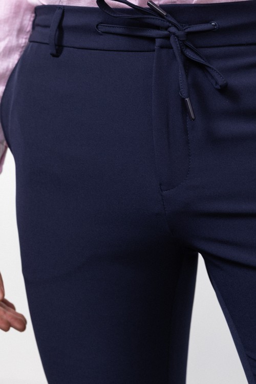 Dark Blue Color Drawstring Design Casual Wool Men's Trousers