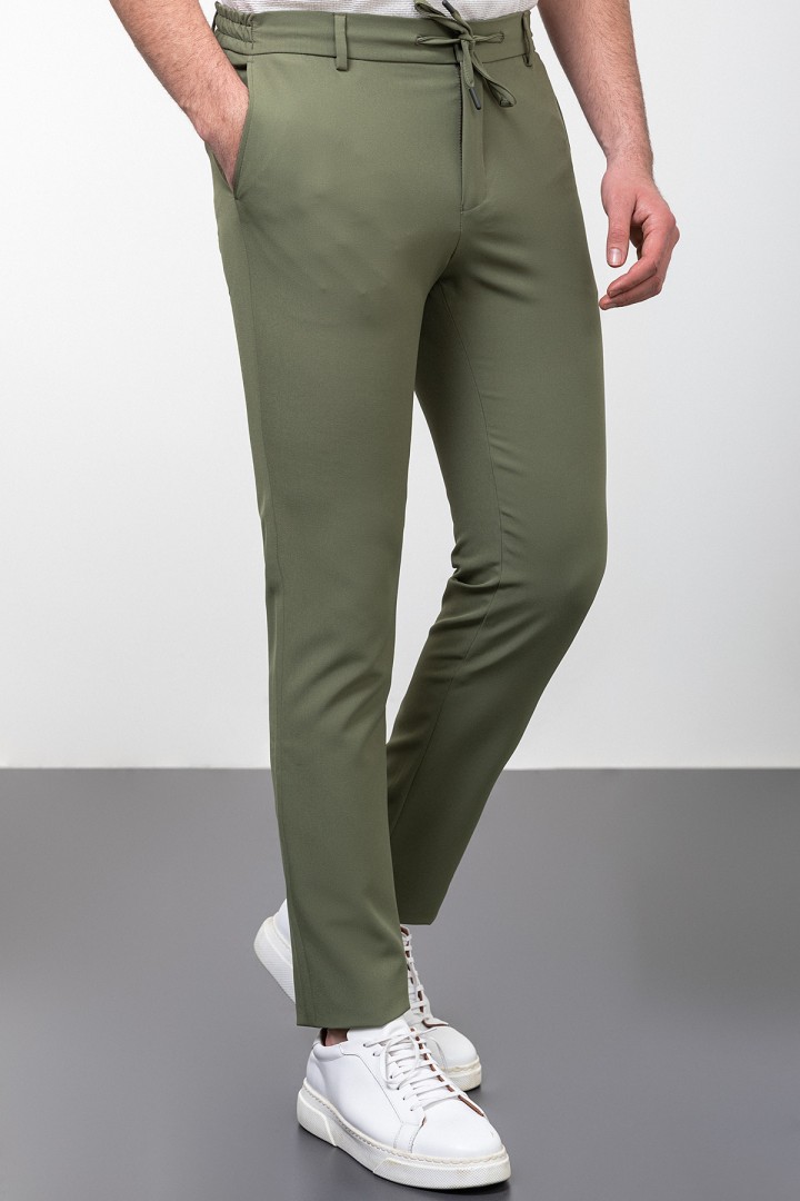 Khaki Color Drawstring Design Casual Wool Men's Trousers