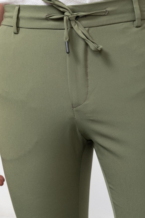 Khaki Color Drawstring Design Casual Wool Men's Trousers
