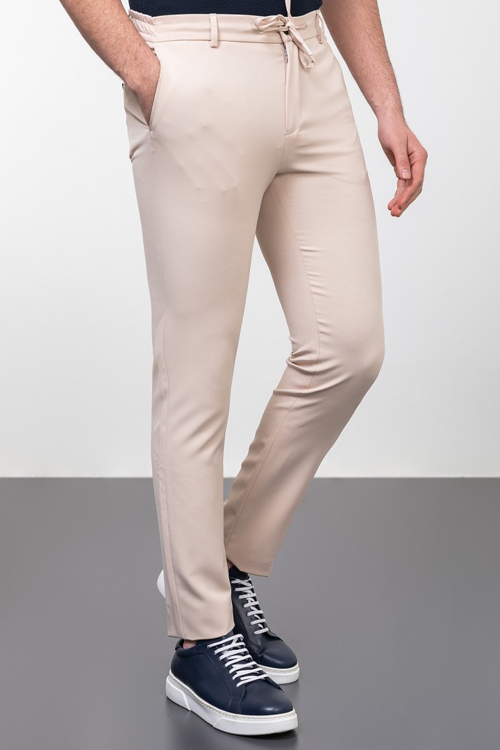 Stone Color Drawstring Design Casual Wool Men's Trousers