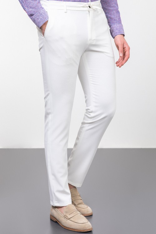 Ecru Color Drawstring Design Casual Wool Men's Trousers