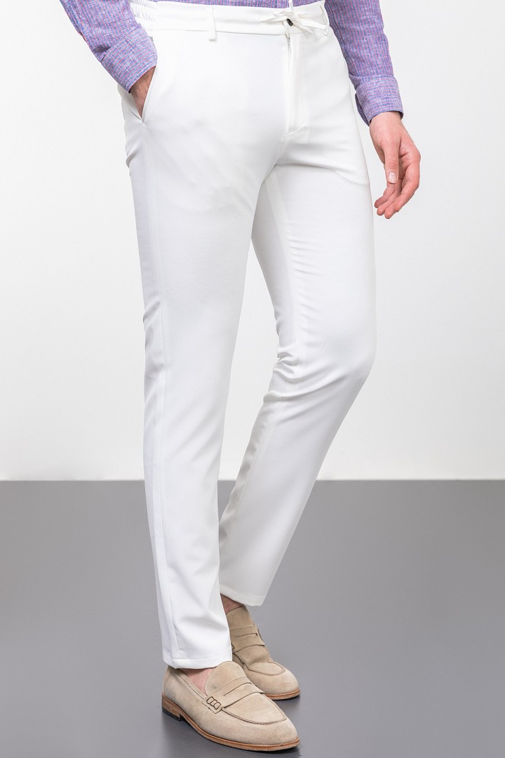 Ecru Color Drawstring Design Casual Wool Men's Trousers