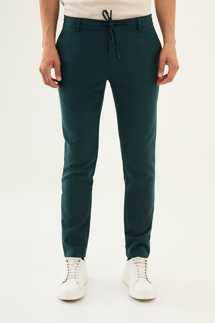 Emerald Color Drawstring Design Casual Wool Men's Trousers