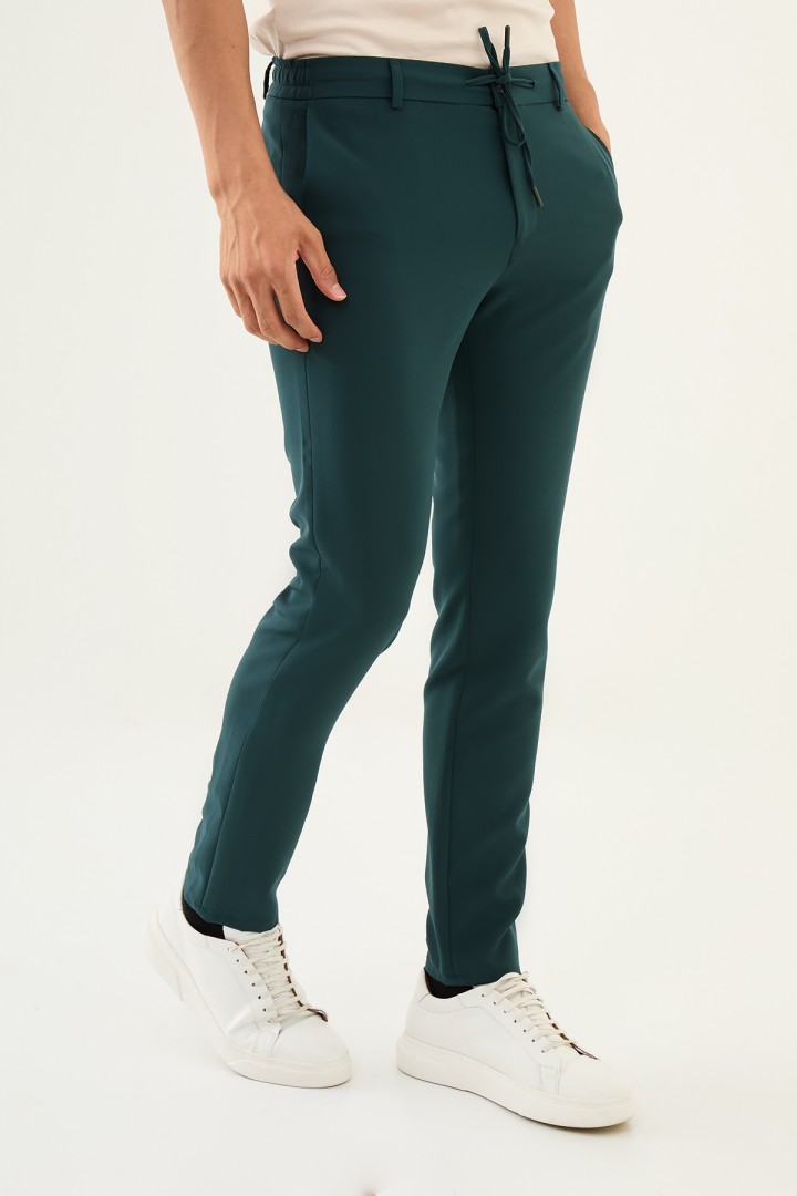 Emerald Color Drawstring Design Casual Wool Men's Trousers
