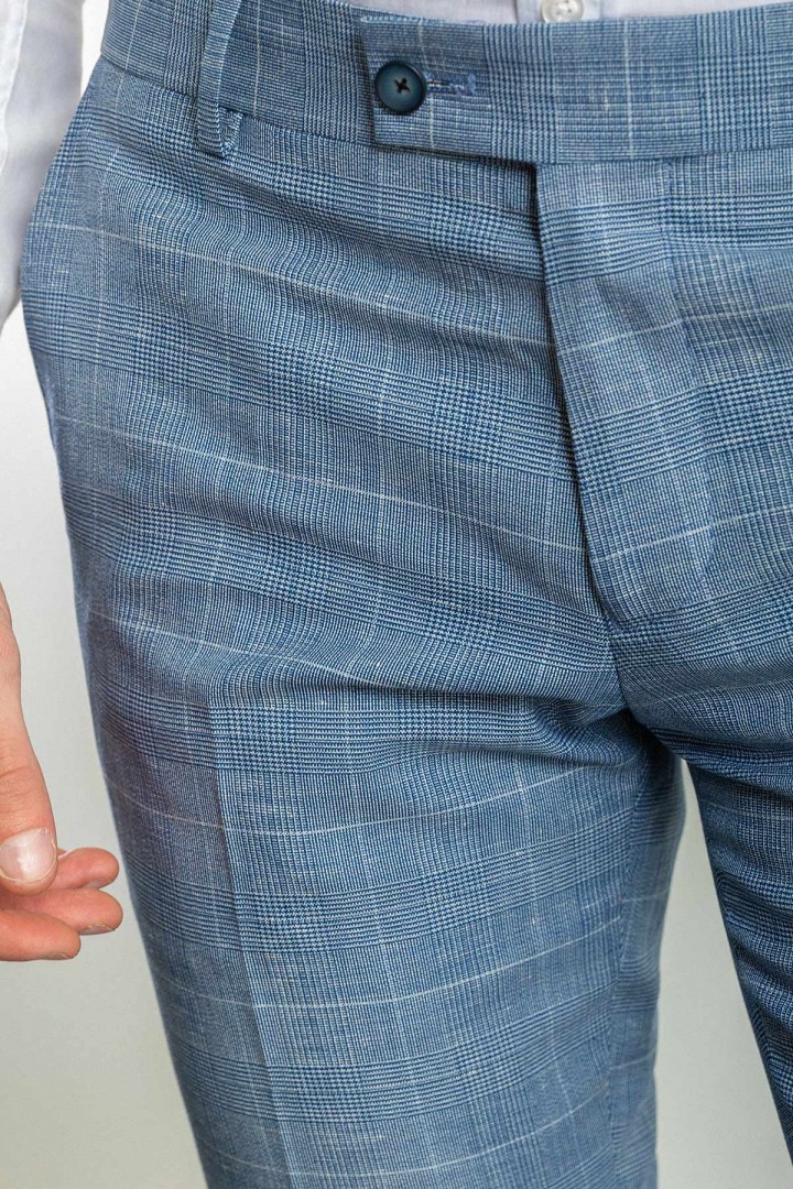 Light Dark Blue Color Check Patterned Design Classic Linen Men's Trousers