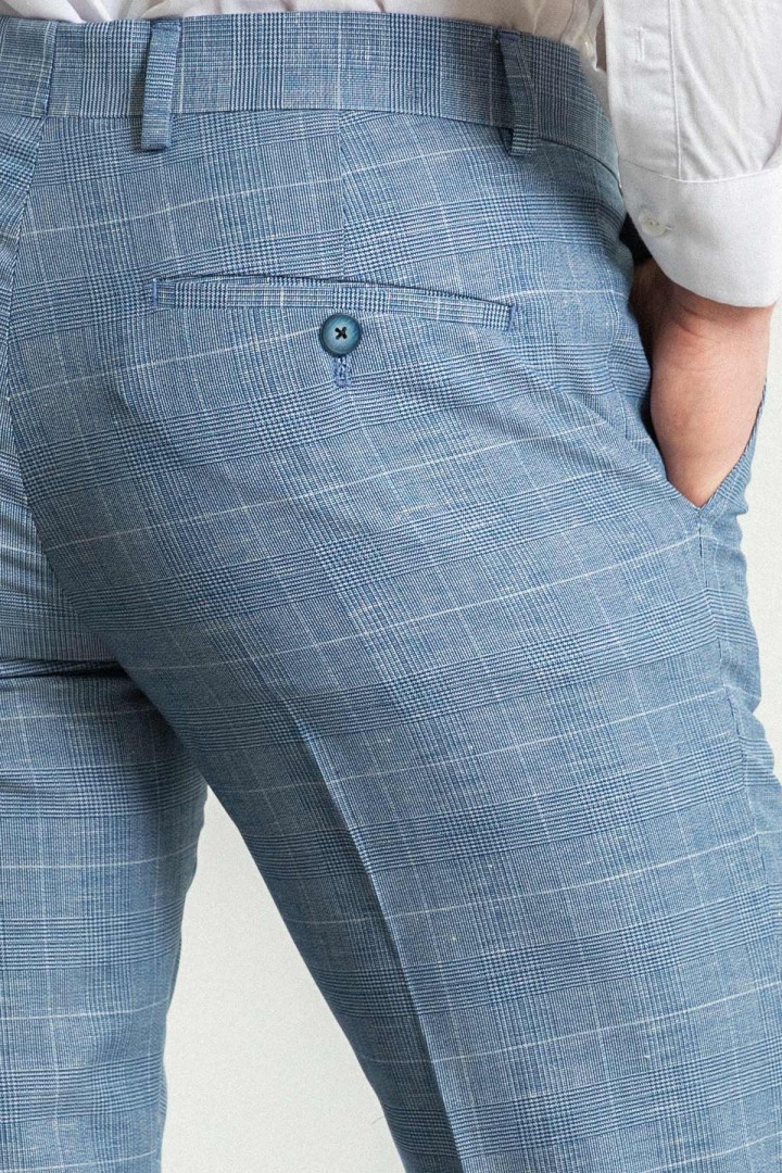 Light Dark Blue Color Check Patterned Design Classic Linen Men's Trousers