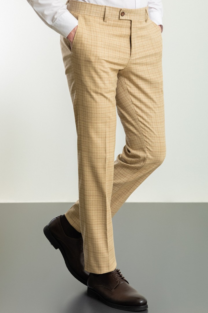 Beige Color Check Patterned Design Casual Linen Men's Trousers