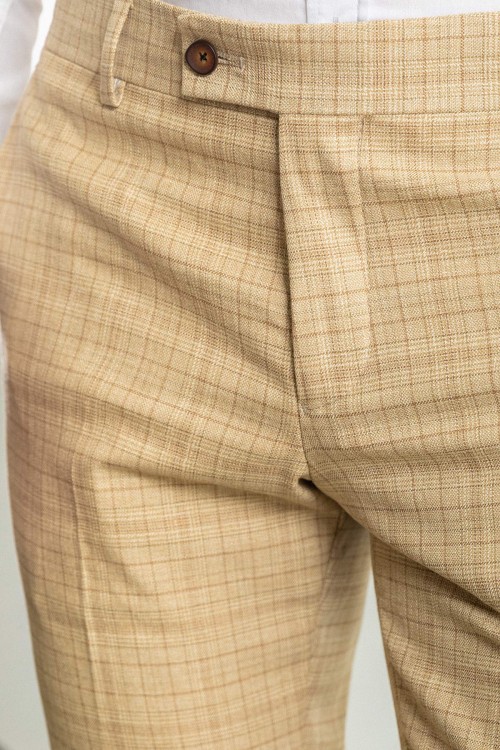 Beige Color Check Patterned Design Casual Linen Men's Trousers