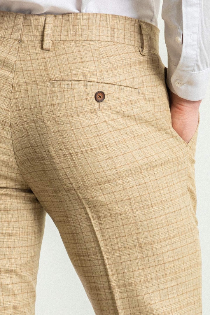 Beige Color Check Patterned Design Casual Linen Men's Trousers