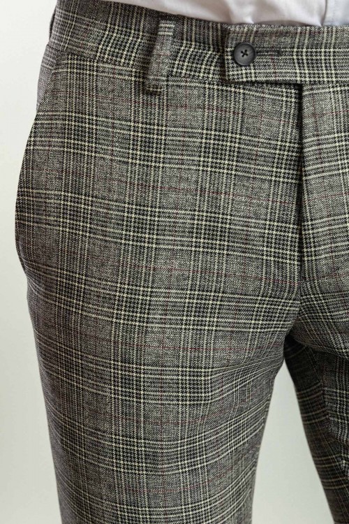Black And Claret Red Color Check Patterned Design Classic Wool Men's Trousers