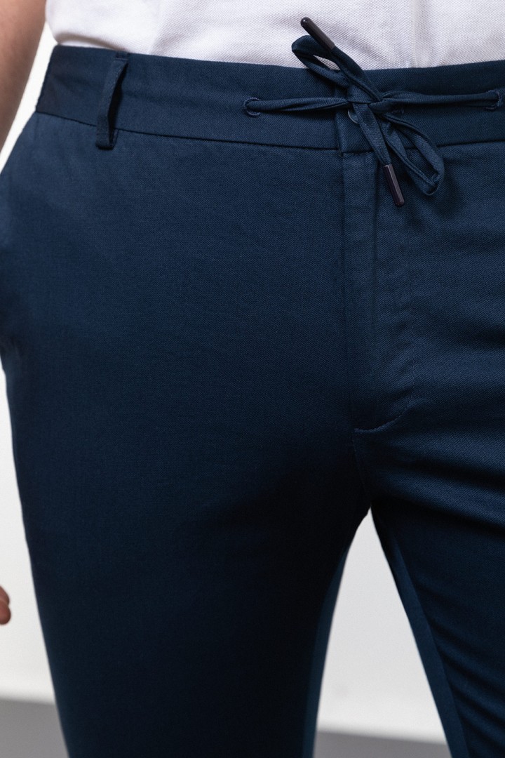 Dark Blue Color Casual Drawstring Cotton Pants