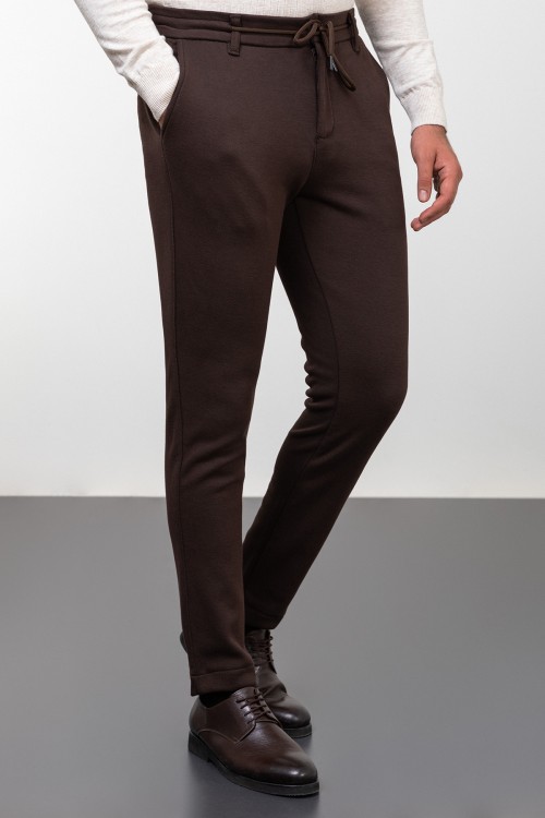 Brown Color Casual Drawstring Design Wool Men's Trousers