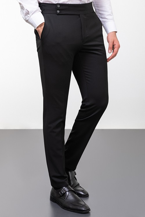 Black Color Belted Design Classic Wool Men's Trousers