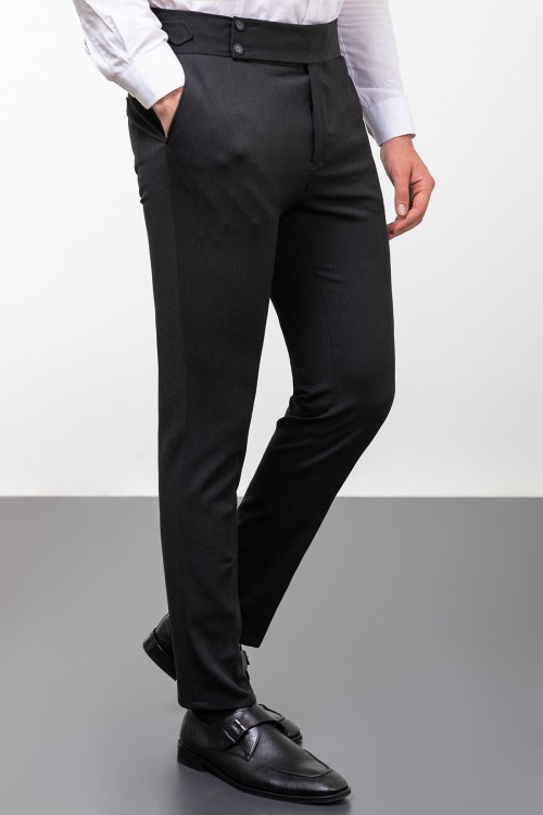Anthracite Color Belted Design Classic Wool Men's Trousers