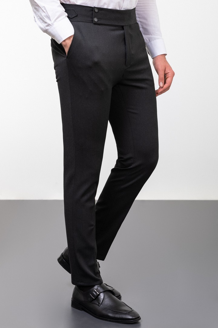 Anthracite Color Belted Design Classic Wool Men's Trousers