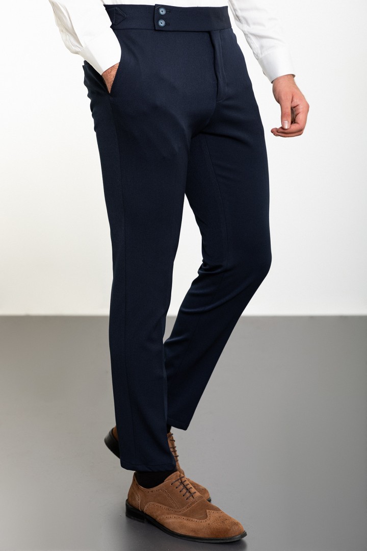 Dark Blue Color Belted Design Classic Wool Men's Trousers