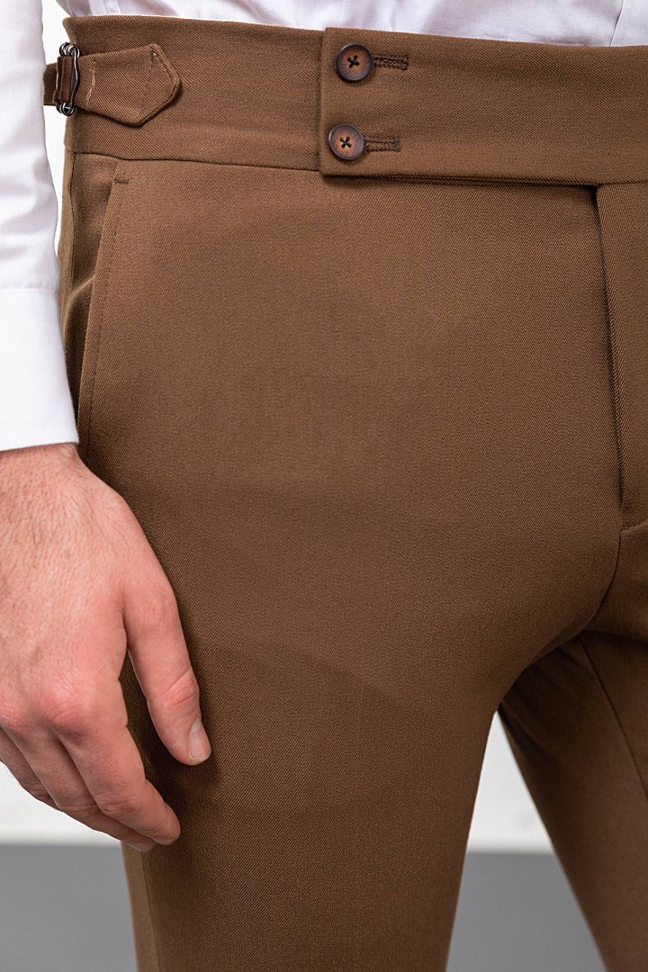 Camel Color Belted Design Classic Wool Men's Trousers