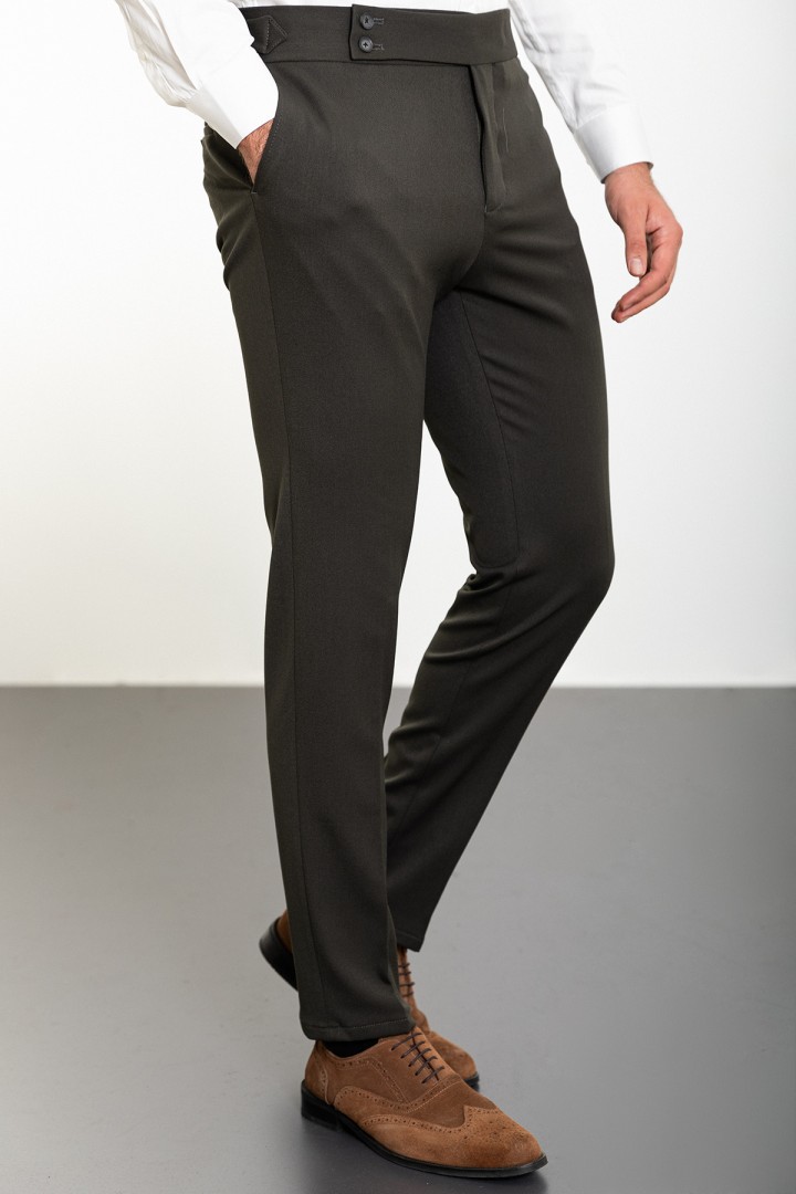 Khaki Color Belted Design Classic Wool Men's Trousers