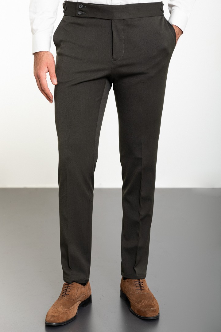 Khaki Color Belted Design Classic Wool Men's Trousers
