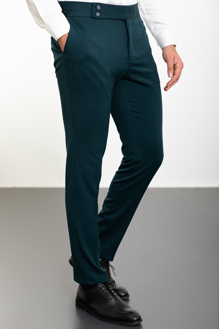 Emerald Color Belted Design Classic Wool Men's Trousers