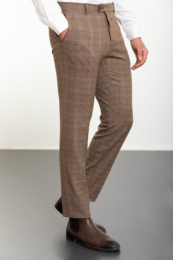Camel Color Check Patterned Design Classic Wool Men's Trousers