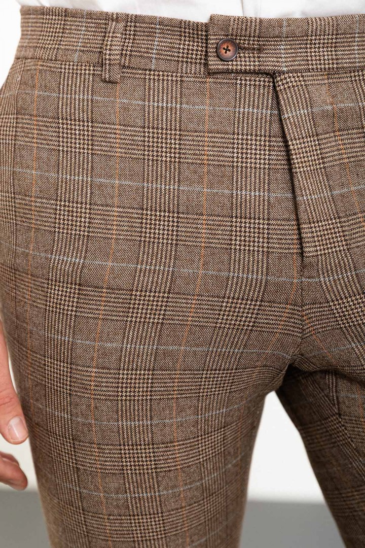 Camel Color Check Patterned Design Classic Wool Men's Trousers