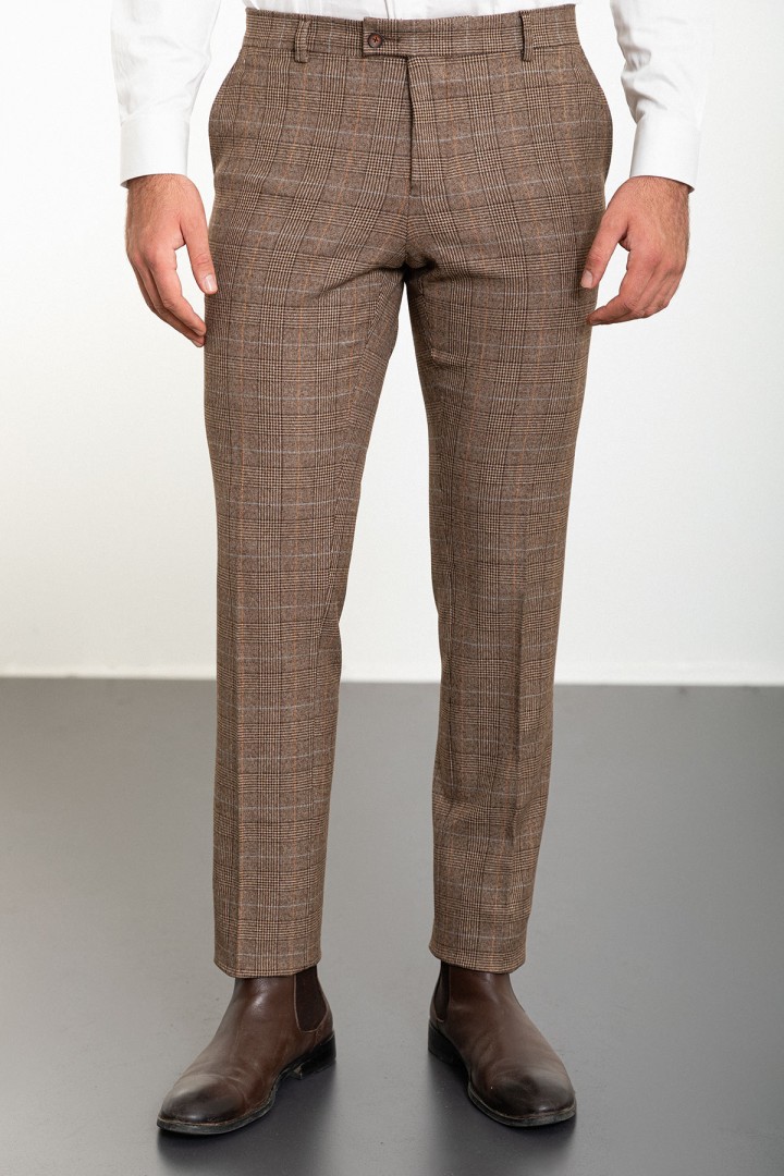 Camel Color Check Patterned Design Classic Wool Men's Trousers