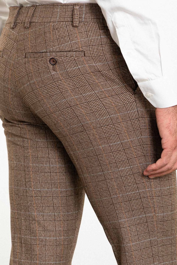 Camel Color Check Patterned Design Classic Wool Men's Trousers