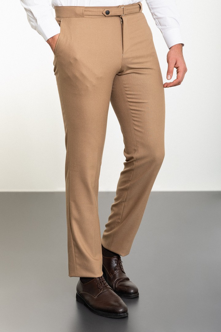 Beige Color Belted Design Casual Wool Men's Trousers