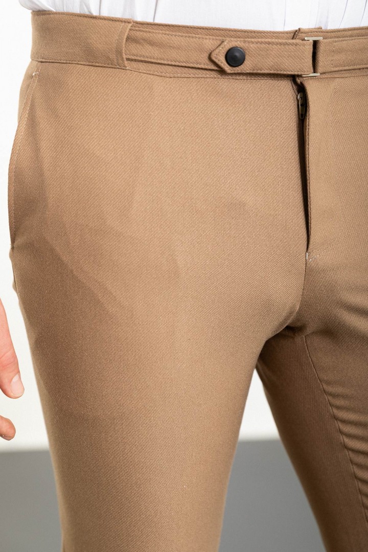 Beige Color Belted Design Casual Wool Men's Trousers