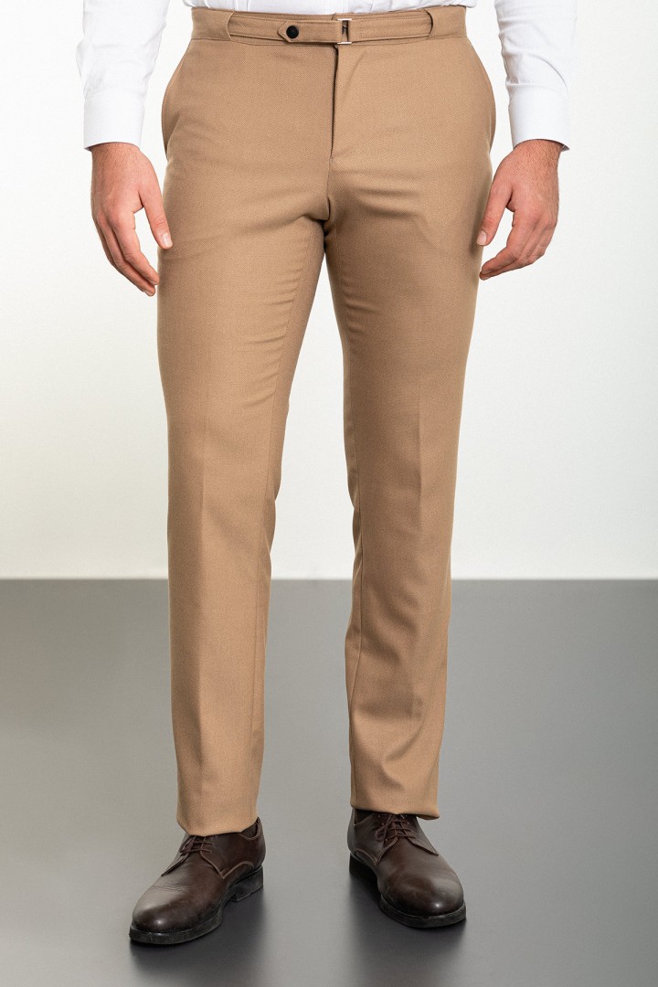 Beige Color Belted Design Casual Wool Men's Trousers