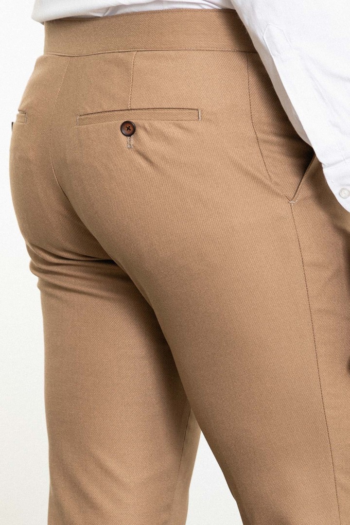 Beige Color Belted Design Casual Wool Men's Trousers