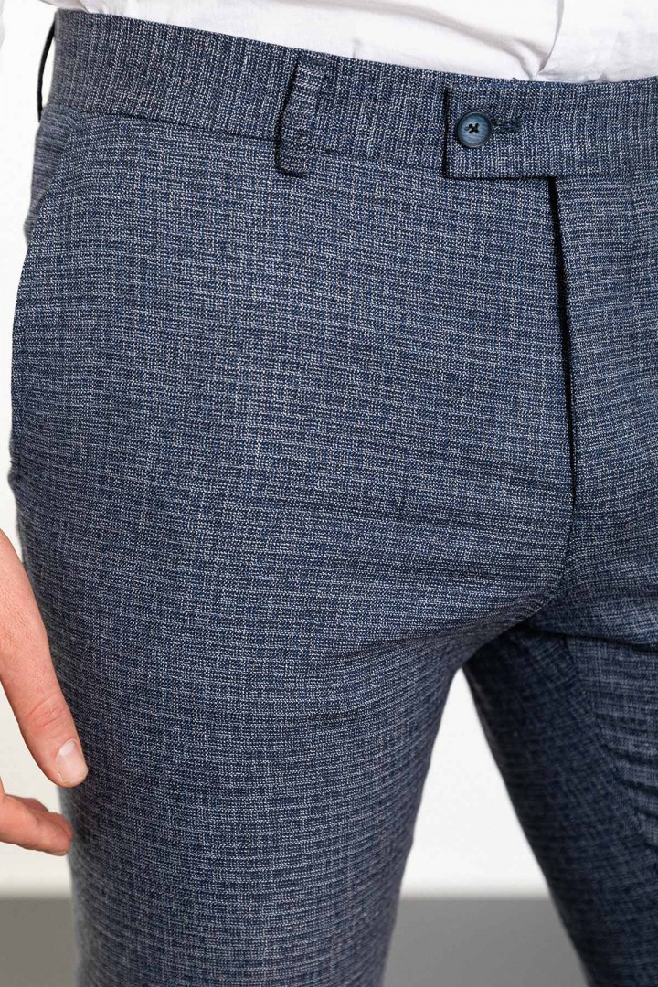 Dark Blue Color Check Patterned Design Linen Fabric Classic Men's Pants
