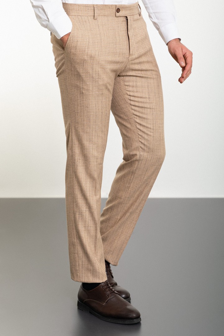 Beige Color Check Patterned Design Linen Fabric Classic Men's Pants