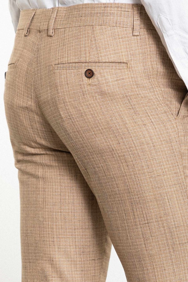 Beige Color Check Patterned Design Linen Fabric Classic Men's Pants