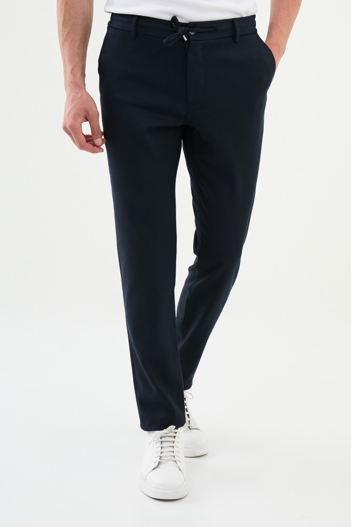Dark Blue Color Drawstring Design Casual Cotton Men's Pants