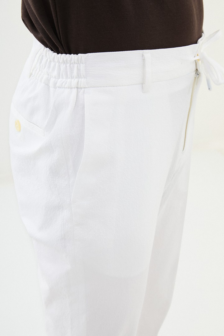 Ecru Color Casual Seersucker Drawstring Men's Pants