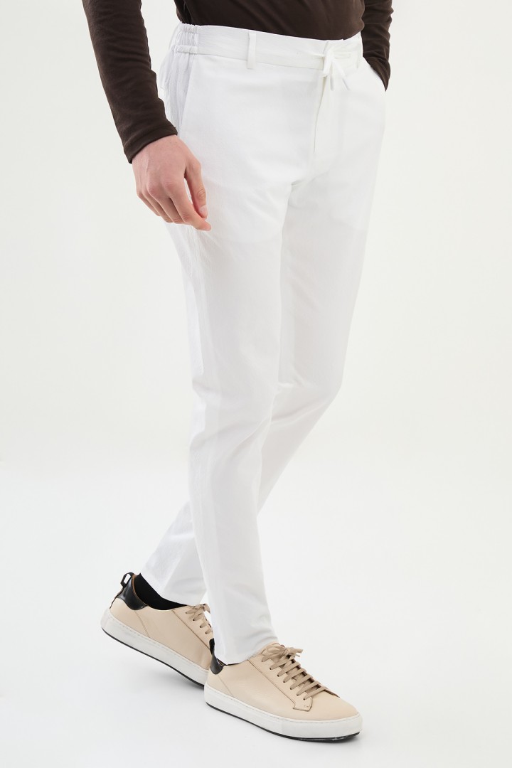 Ecru Color Casual Seersucker Drawstring Men's Pants