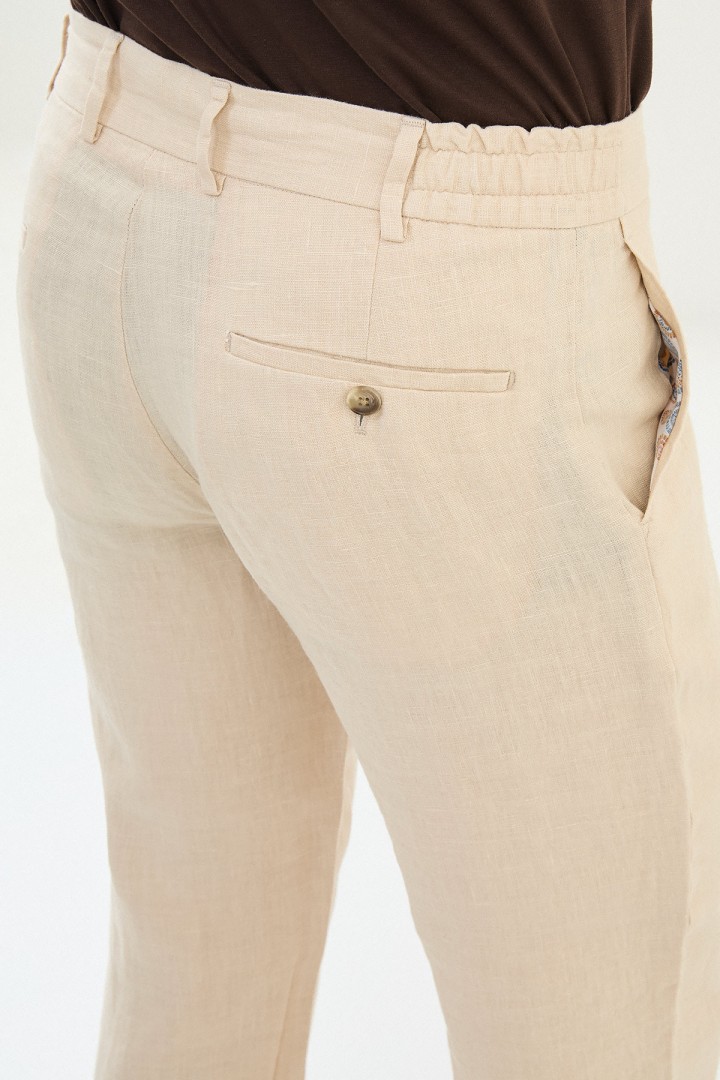 Beige Color Corded Design Casual Men's Linen Pants