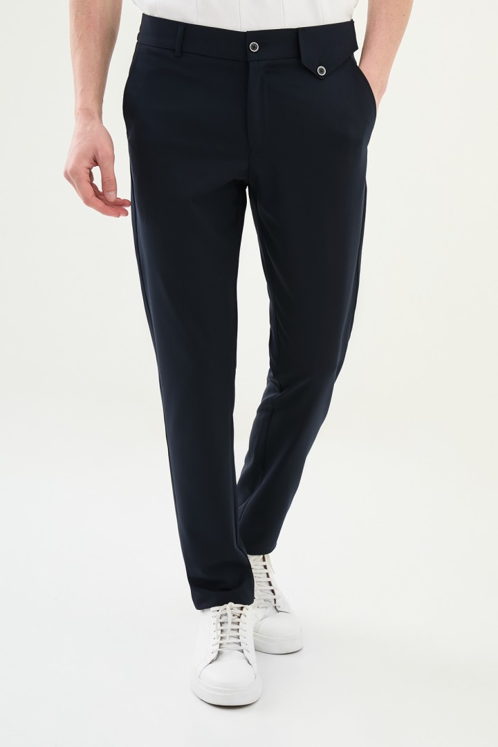 Dark Blue Color Belted Design Casual Men's Cotton Pants