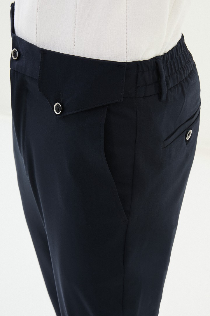 Dark Blue Color Belted Design Casual Men's Cotton Pants