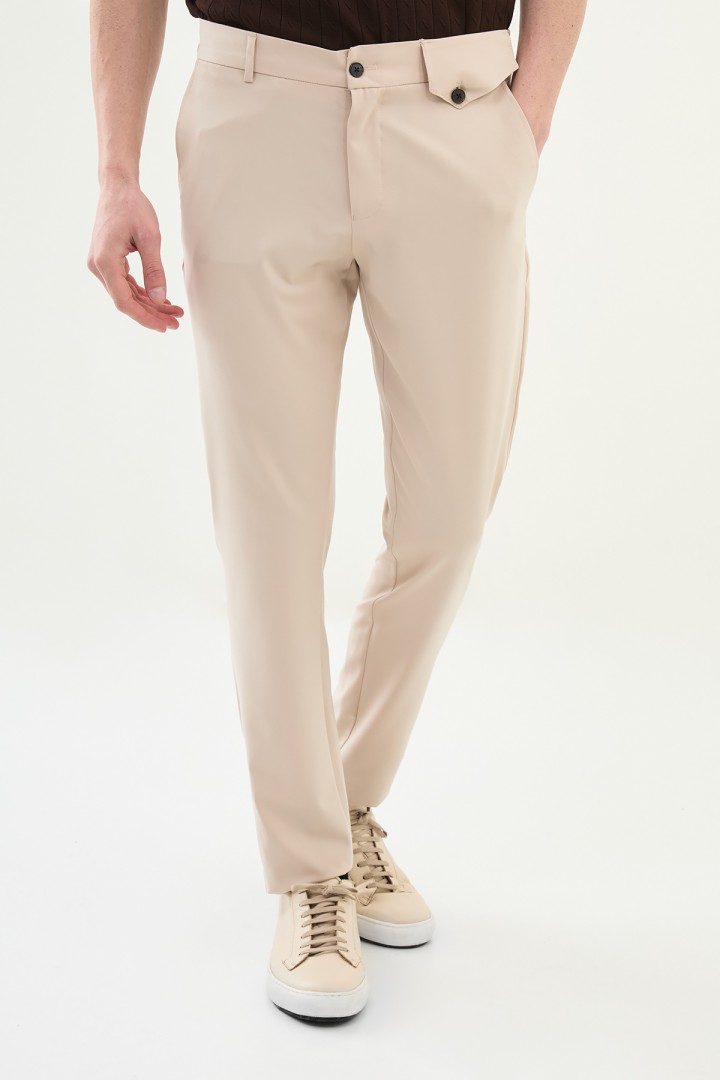 Beige Color Belted Design Casual Men's Cotton Pants