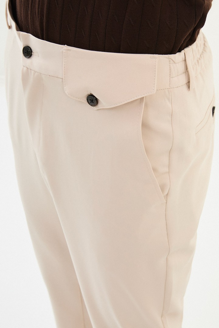 Beige Color Belted Design Casual Men's Cotton Pants